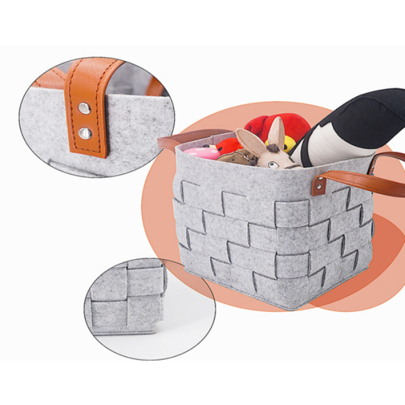 Handmade Woven Felt Two Set of Large Medium size Hamper laundry Toy Storage Basket with PU Handle